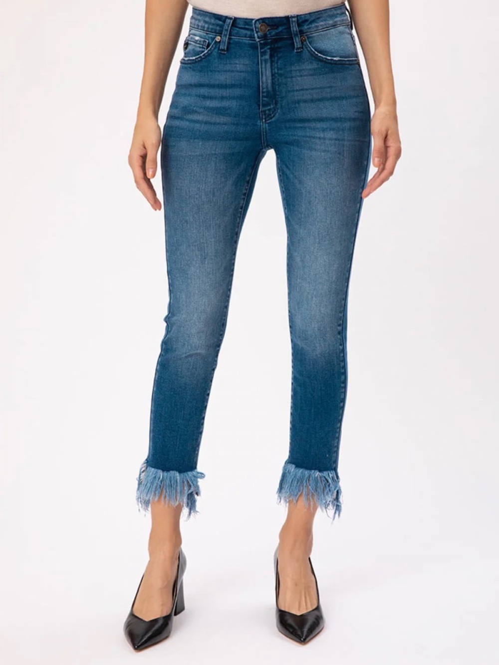 KanCan High Rise Ankle Skinny Jeans Fringe Hem Women’s Size 3/25 Medium Wash